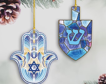 Hanukkah Ornaments set of 2, Hanukkah Gift, Happy Hanukkah, Hanukkah Decor, Hanukkah Dreidel and Hamsa for Hanukkah Tree or Bush, Acrylic