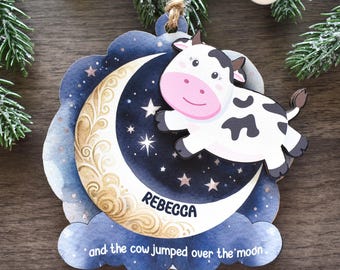 Personalized Cow Ornament Baby’s First Christmas, Custom Name Farm Animal Ornament, Cow Lover Gift,  Cow Jumped Over the Moon Nursery Décor