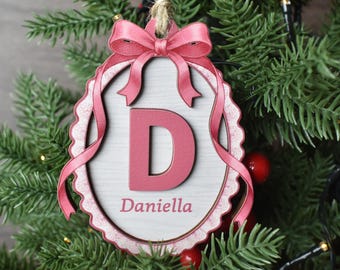 Personalized Initial Christmas Ornament, Pink Coquette Bow Letter Ornament, Custom Name Ornament, Girl Baby Christmas Gift, Monogram Decor,