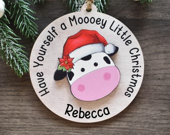 Personalized Cow Christmas Ornament, Mooey Little Christmas, 2 Layer Wood Cow Lover Gift, Farm Animal Ornaments, 3D