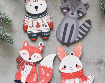 Scandinavian Folk Art Ornaments, Nordic Design fox, Bear, Rabbit or Raccoon Ornament, Scandi  Decor , Scandinavian Xmas Wood Ornaments