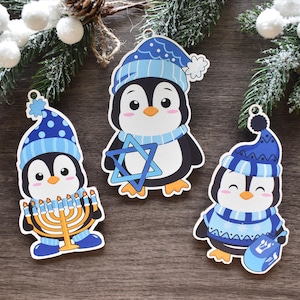 Adorable Hanukkah Penguins Ornament,  Hanukkah Gift-Set of 3 Custom Shape wood Ornaments, Home decor for Jewish family, Ornaments for kids