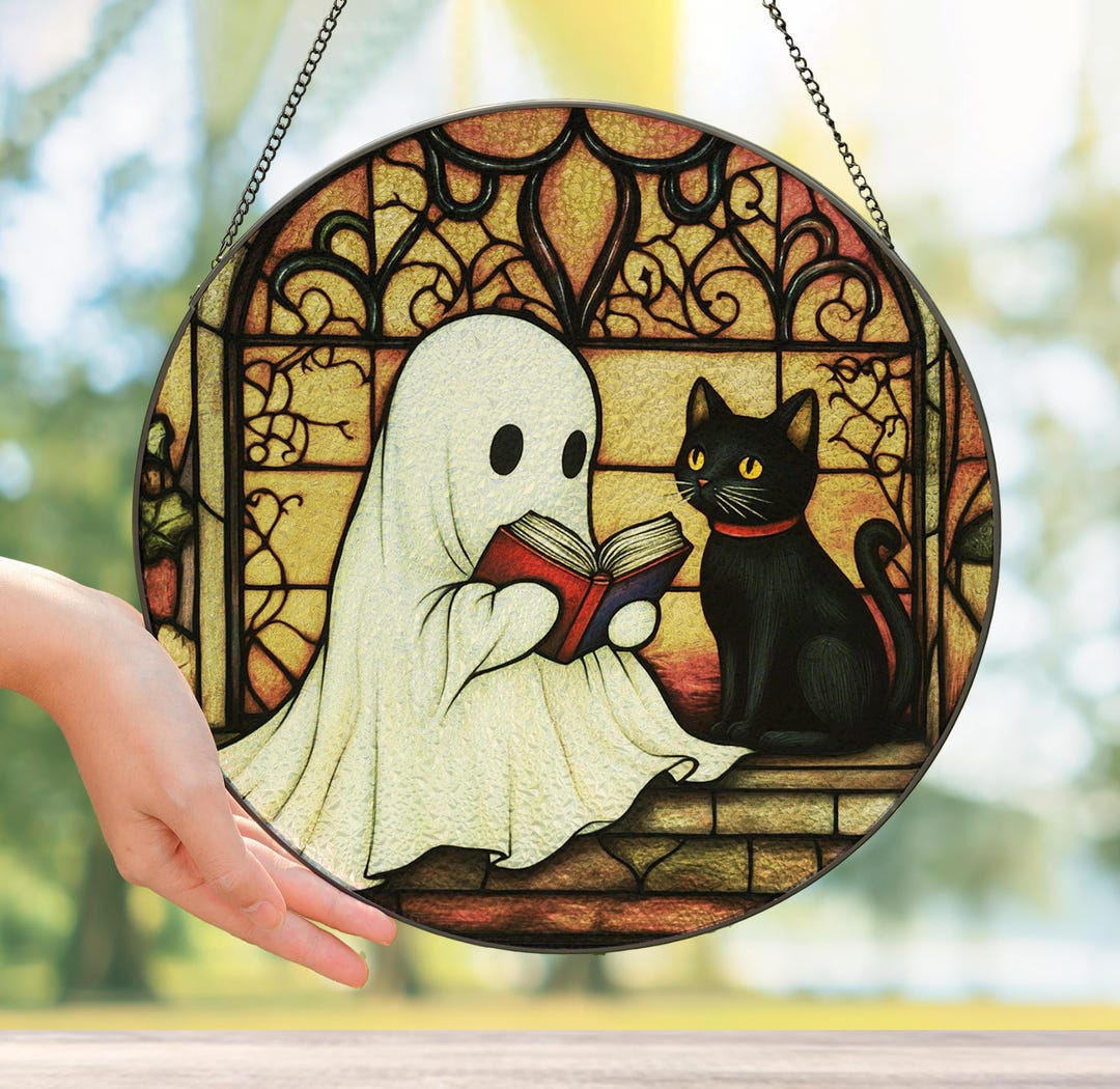 Cute Ghost With Black Cat Reading a Book Glass Suncatcher, Black Cat ...