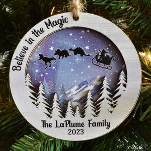 Personalized Dinosaur Ornament; 2 layer wood, Custom Family Name Dinosaur Christmas Gift, Dinosaur Decor and Holiday keepsake
