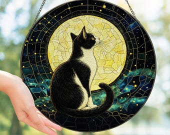 Tuxedo Cat Moon Suncatcher, Black and White Cat, Celestial Glass Window Hanging, Full Moon Glass Window Ornament,  Cat Themed Gifts
