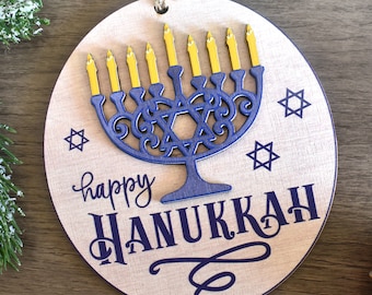 Chanoeka menora 3D houten ornament, aangepaste vorm 2-laags Chanoeka-decoratie of cadeau voor Joodse familie, Joodse kunst Home Decor