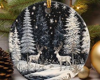 Scandinavian Deer Christmas Ornament, Nordic Winter Forest Ceramic Ornament, Swedish Folk Art, Scandi Xmas Gift