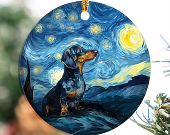 Dachshund Christmas Ornament, Starry Night Inspired Ceramic Dachshund Gift. Wiener Dog Christmas Gift, Doxie Lover Holiday Decor
