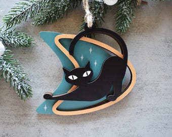 Mid Century Modern Black Cat Ornament, Atomic Cat Christmas Ornament, Retro MCM Holiday Decor, Black Cat Lovers, Vintage Cat Themed Gift