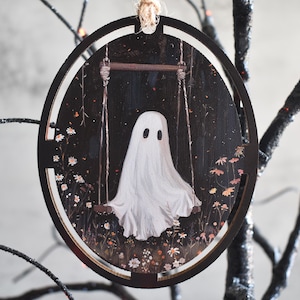 Ghost on Swing Spooky Christmas ornament,  Halloween Ghost dark Cottagecore Hanging Portrait, Floral Ghost Gothic Christmas Gift