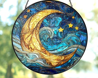 Mystical Crescent Moon Glass Suncatcher, Blue & Gold Celestial Window Hanging with Stars, Moon Art Home Decor Gift, Spiritual Gifts