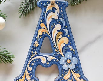 Scandinavian Rosemaling Initial Ornament, Personalized Monogram Ornament, Nordic Folk Art Letter, Scandinavian Decor, Stocking Tag