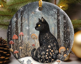 Scandinavian Black Cat Ornament, Nordic Winter Forest Folk Art Ceramic Christmas Decor, CottageCore