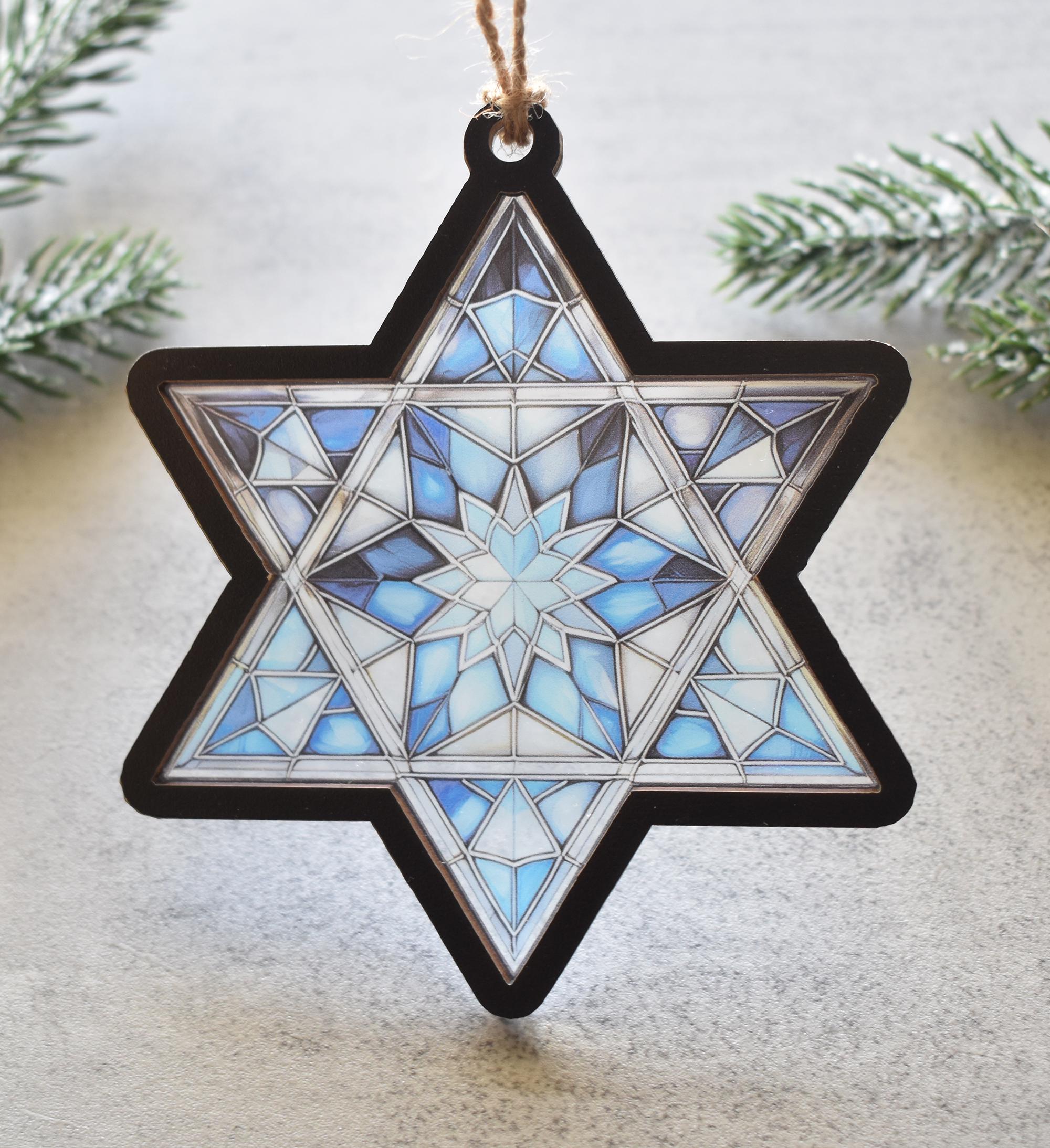 Beautiful Star Of David Hanukkah Ornament, Faux Stained Glass 3D Wood and Acrylic Hanukkah Decoration