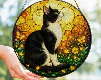 Tuxedo Cat Suncatcher, Glass Hanging Window Ornament, Black and White Cat Decor with Butterflies, Cat Memorial Ornament, Cat Lovers