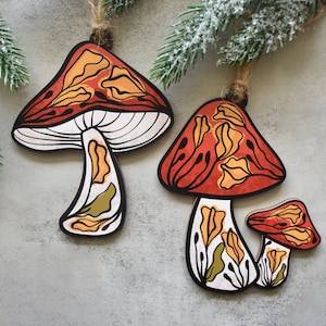 Scandinavian Folk Art Mushroom Ornament set, Wood Scandi Christmas Ornament, Nordic Forest Mushroom Design, Swedish and Norwegian Gifts