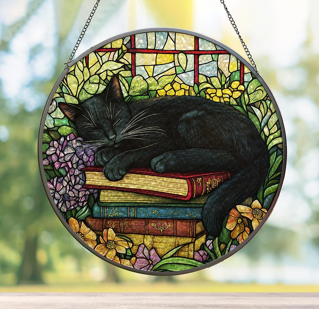 Black Cat Floral Books Stained Glass Suncatcher, Sleeping Cat Window ...