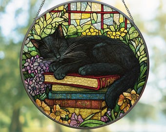 Black Cat Floral Books Stained Glass Suncatcher, Sleeping Cat Window Hanging,  Book Lover Gift, Cat Lovers Gifts, Bookish decor, Cat Mom