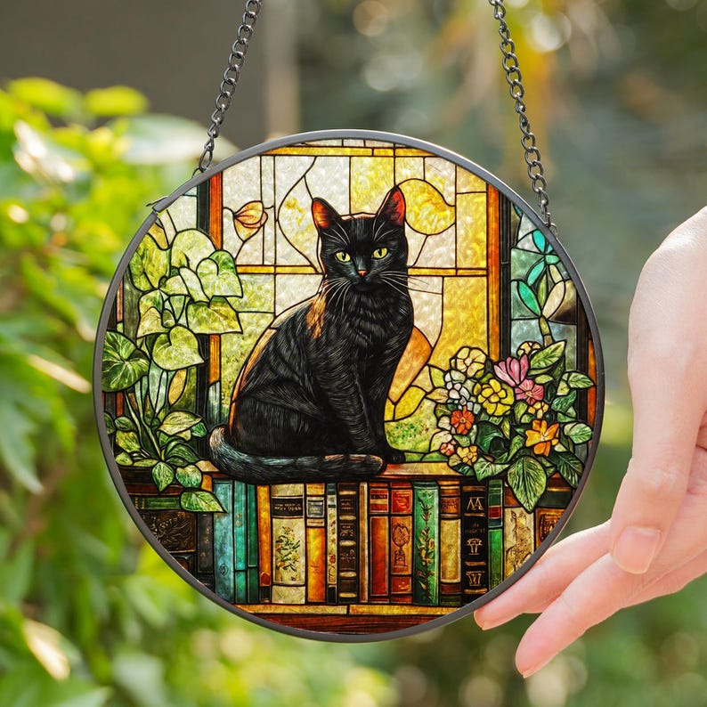 Black Cat Bookshelf Glass Suncatcher, Cozy Reading Nook Decor, Book ...