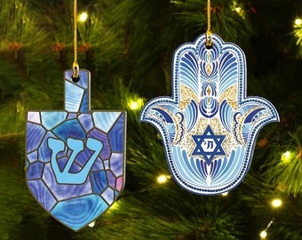 Hanukkah Ornaments set of 2, Hanukkah Gift, Happy Hanukkah, Hanukkah Decor, Hanukkah Dreidel and Hamsa for Hanukkah Tree or Bush, Acrylic