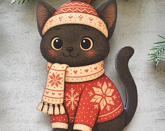 Scandinavian Cat Ornament, Nordic Folk Art Christmas Décor, Black Cat Lover Gift