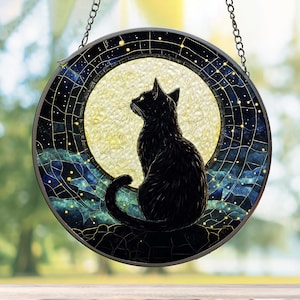 Black Cat Moon Suncatcher, Celestial Glass Window Hanging, Full Moon Glass Window Ornament, Gothic Cat Lover Gift, Black Cat Themed Gifts