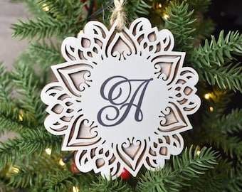 Personalized Snowflake Initial Ornament, Custom Monogram Christmas Ornament, Farmhouse Christmas Decor, Layered Wood Ornament, Xmas Gift