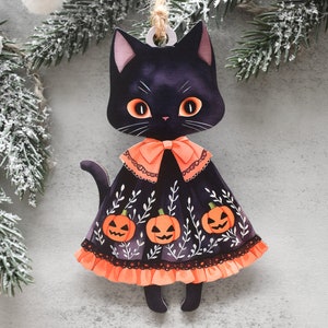 Black Cat Vintage Style Retro Halloween Ornament, Halloween Cat themed Gift for black cat Lovers, Spooky Gothic Tree Decor, Printed Wood