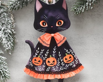 Black Cat Vintage Style Retro Halloween Ornament, Halloween Cat themed Gift for black cat Lovers, Spooky Gothic Tree Decor, Printed Wood
