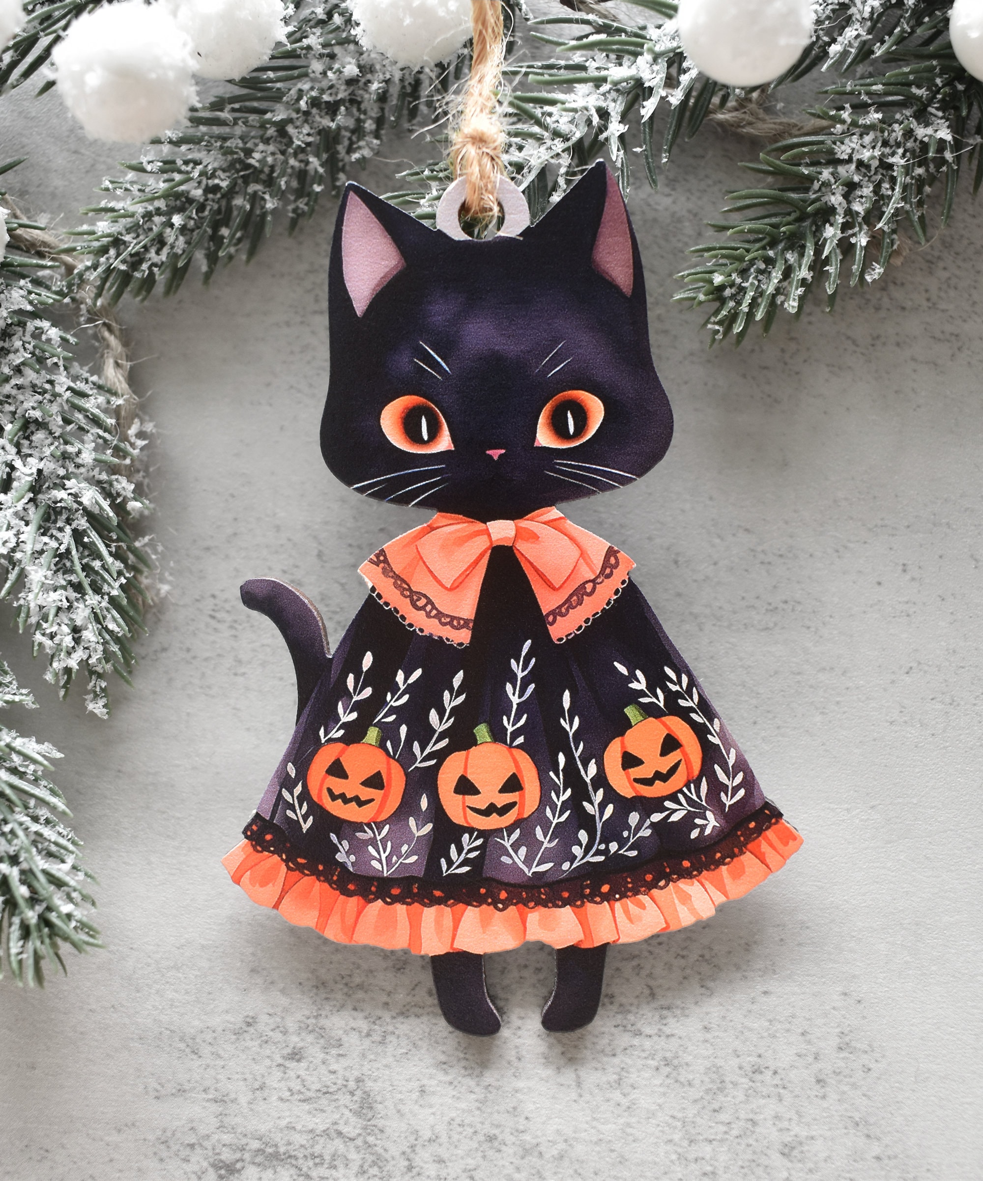 黒猫ヴィンテージスタイルレトロハロウィンオーナメント、黒猫好きの方へのハロウィン猫テーマギフト、不気味なゴシックツリーデコレーション、プリント木製