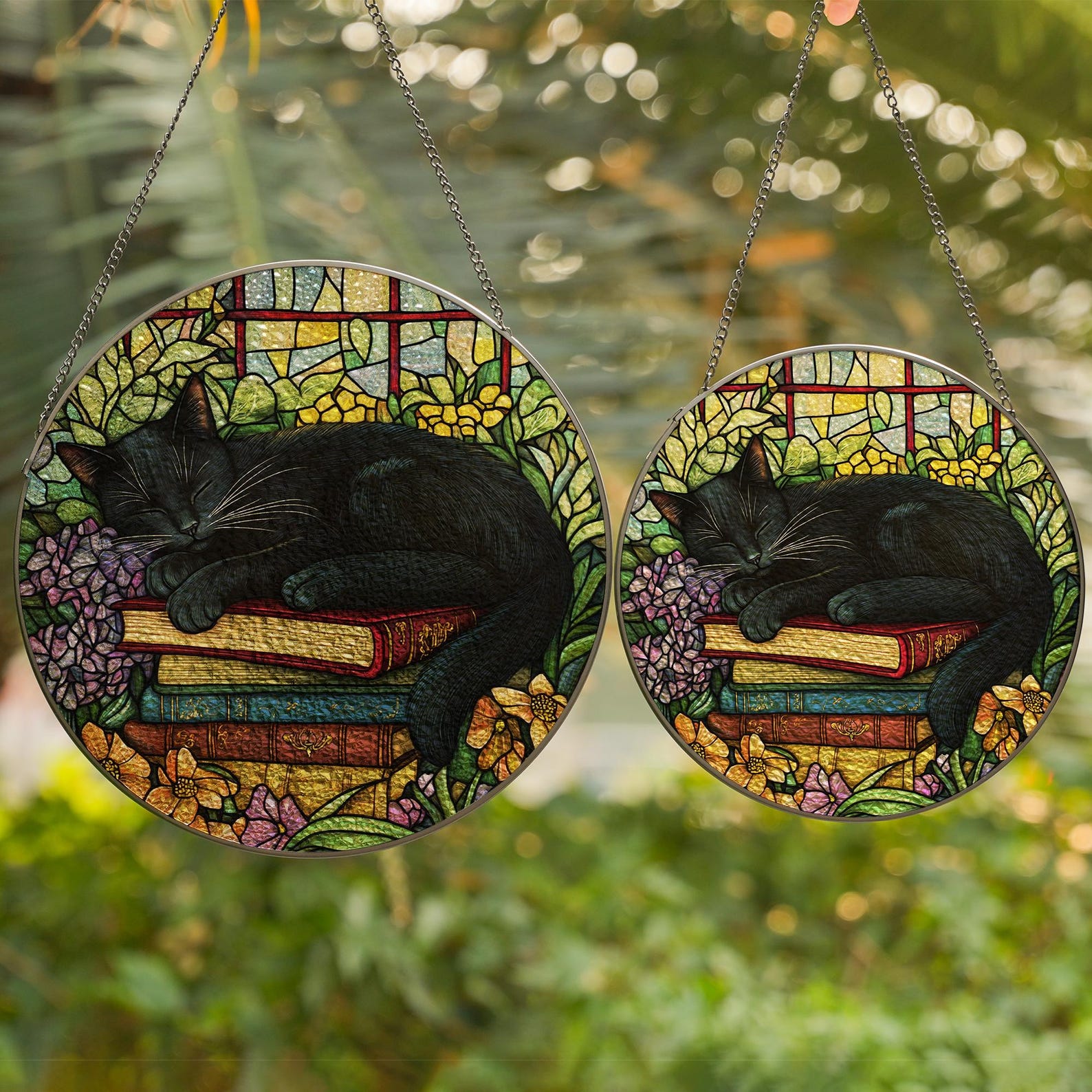 Black Cat Floral Books Stained Glass Suncatcher, Sleeping Cat Window ...