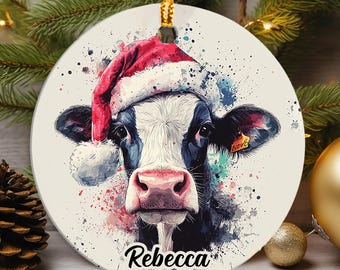 Personalized Cow Christmas Ornament, Ceramic Farm Animal Holiday Décor, Gift for Cow Lovers, Custom Cow Themed Gifts, Mooey Christmas