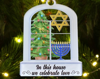 Weihnachtshanukkah-Acrylverzierung und Geschenk für gemischte Familien, frohes Chrismukkah-jüdisches und christliches Familiengeschenk, Weihnachtsbaum-Dekor