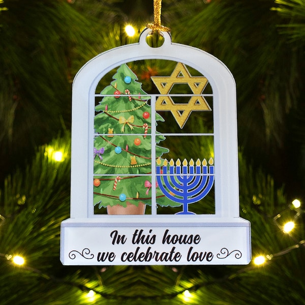 Christmas Hanukkah Acrylic Ornament and Gift for blended families, Merry Chrismukkah Jewish and Christian Family Gift, Christmas Tree Decor