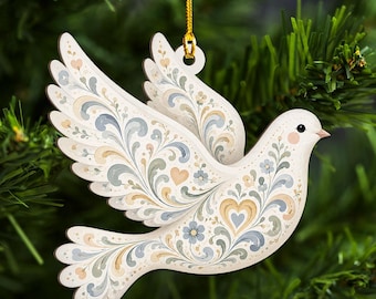 Dove Ornament, Scandinavian Christmas Ornament, Rosemaling Nordic Folk Art, White Dove Bird,  Bird Lover Gift, Dove of Peace Ornament