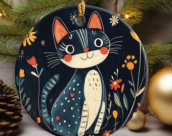 Scandinavian Folk Art Cat Ornament, Black Cat Lovers Christmas Gift, Norwegian Christmas Decoration, Scandi Xmas Gift, Cat themed gifts