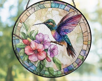 Hummingbird Floral Glass Suncatcher, Hummingbird Window Ornament, Bird Lover Gift, Garden Decor, Hummingbird Memorial Ornament
