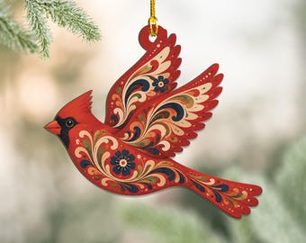 Cardinal Ornament, Scandinavian Christmas Ornament, Red Cardinal Bird, Rosemaling Nordic Folk Art, Bird Lover Gift, Bird Watcher Gifts