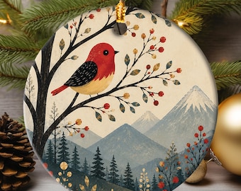 Scandinavian Bird Ceramic Ornament, Nordic Folk Art Christmas Ornament, Scandinavian Christmas Decor, Nature Bird Ornament, Scandi Xmas
