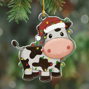 Adorable Cow Christmas Ornament, Personalized Santa Cow Acrylic Ornament, Cow Lover Gift, Farm Animal with Santa Hat, Custom Name Gift