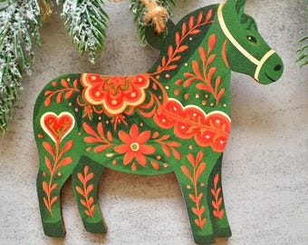 Scandinavian Dala Horse Ornament, Swedish Folk Art Christmas Decor, Norwegian Christmas Decoration, Scandi Xmas Gift