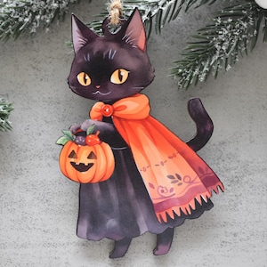 Vintage Black Cat Halloween Ornament, Trick or Treat Cat with Pumpkin Pail, Spooky Cute Fall Tree Decoration, Cat themed Gifts