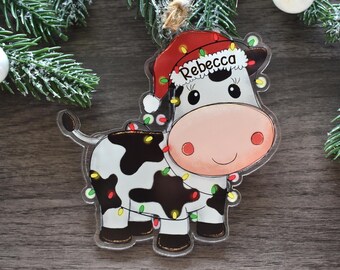 Adorable Cow Christmas Ornament, Personalized Santa Cow Acrylic Ornament, Cow Lover Gift, Farm Animal with Santa Hat, Custom Name Gift