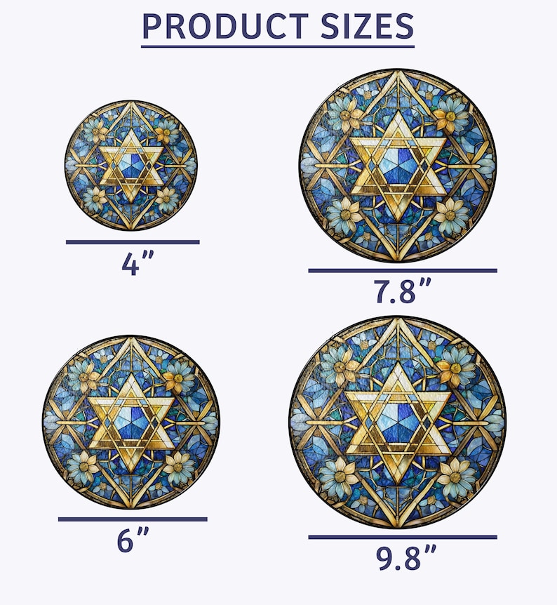 Pu&ograve; includere: Quattro diverse dimensioni di decorazioni murali rotonde in vetro colorato con una stella di David blu e oro con un centro blu e oro. Le dimensioni sono 4 pollici, 6 pollici, 7,8 pollici e 9,8 pollici.