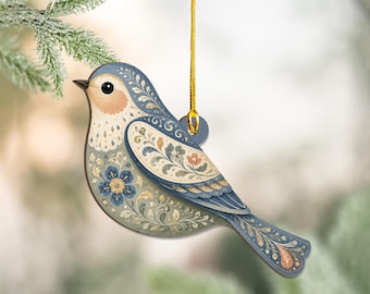Scandinavian Bird Ornament, Rosemaling Folk Art Bird, Nordic Songbird Christmas Ornament, Bird Lover Gift, Swedish Folk Art, Norwegian gifts
