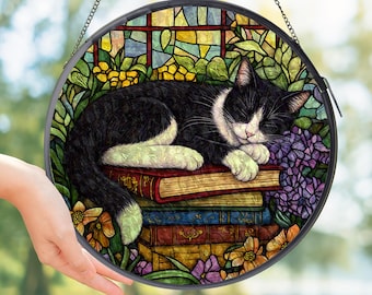 Tuxedo Cat Floral Books Glass Window Ornament, Black and White Cat Suncatcher, Cat Themed Gift, Cat and Book Lovers Gift
