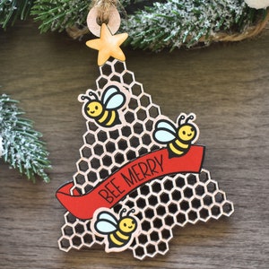 Wood honeycomb Christmas Tree Ornament, Laser Cut Bee theme Christmas Gift, HoneyComb Decor for Nature Lovers