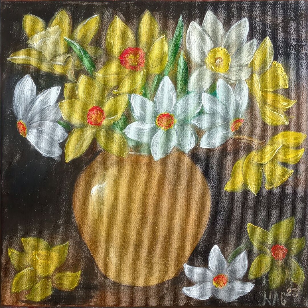 New Year Sale: Daffodils in a Golden Vase Still Life Original and ...
