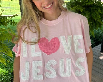 Quilted vintage quilt, Tshirt I LOVE JESUS, tshirt, pink, handmade, Cottagecore, grandmacore, unique gifts