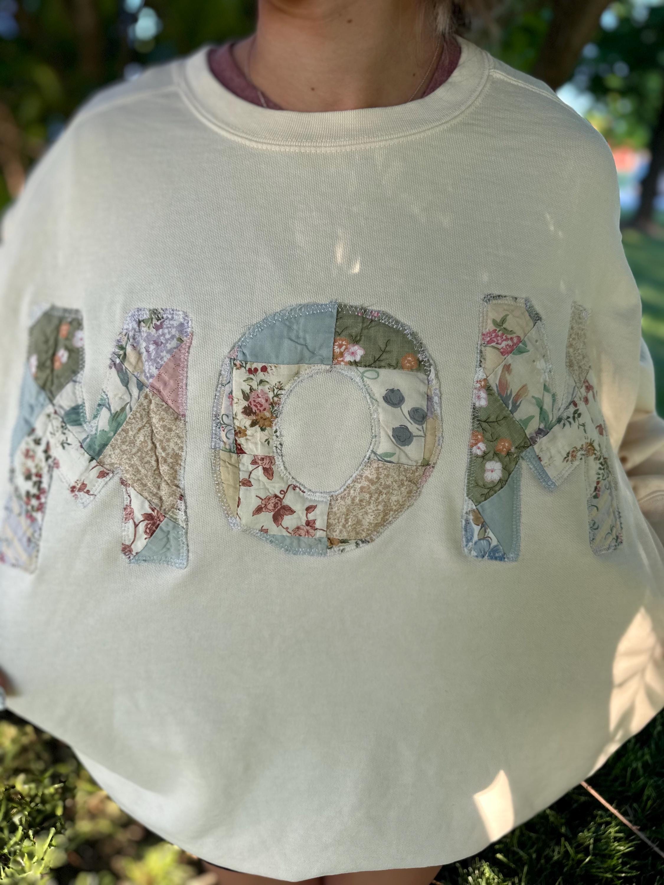 Quilted, mom, mama, upcycled textiles, clothing, grandmacore, cottagecore, mother